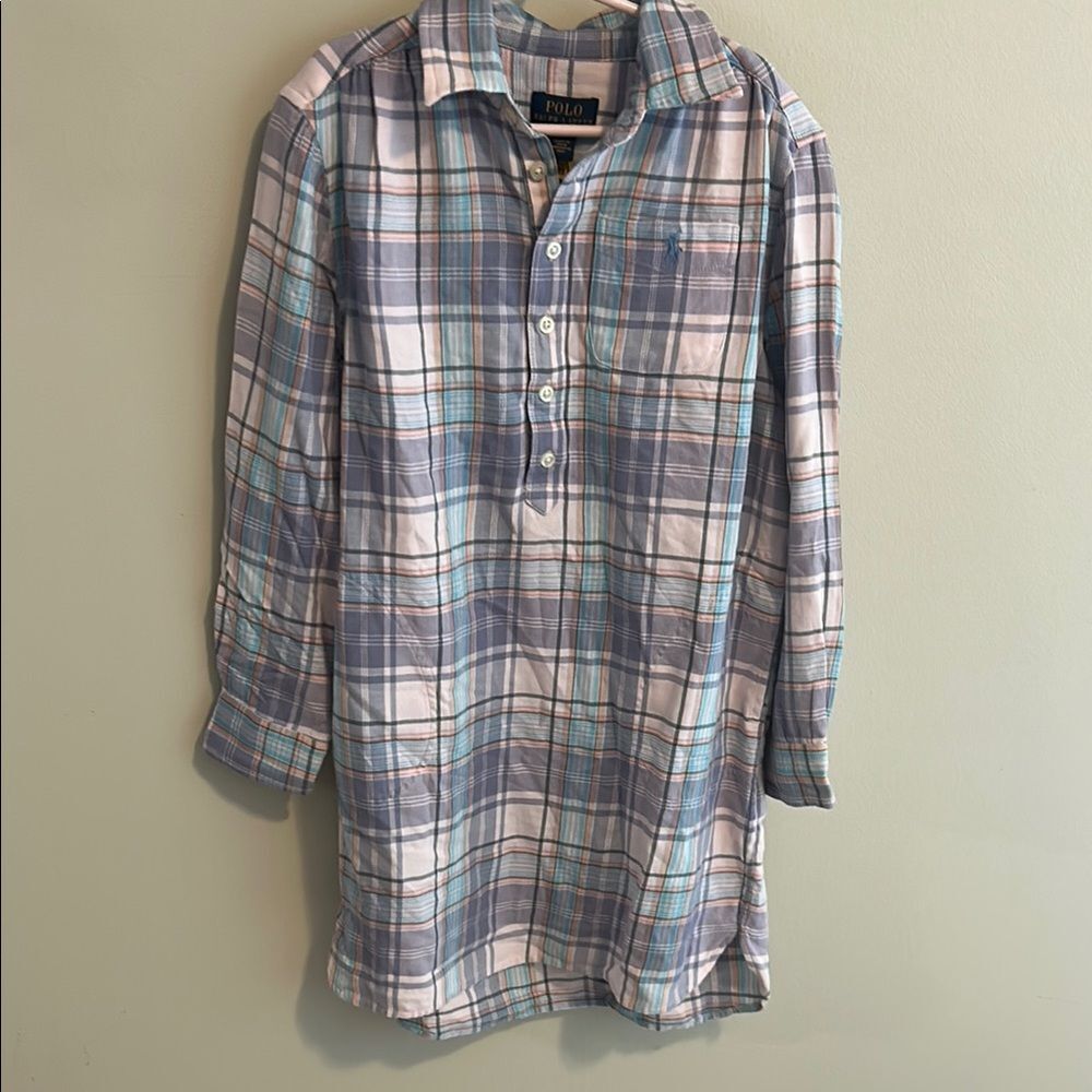 NEW Polo Ralph Lauren Girls 7 Plaid Shirt Dress Blue Teal White Cotton Flannel